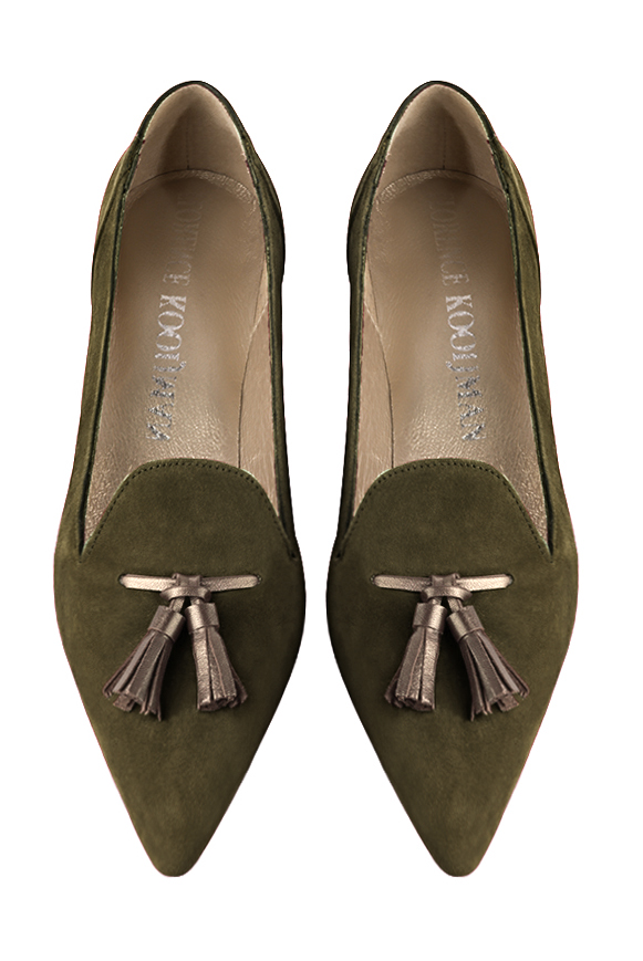 Khaki green and bronze gold women's loafers with pompons. Pointed toe. Flat flare heels. Top view - Florence KOOIJMAN